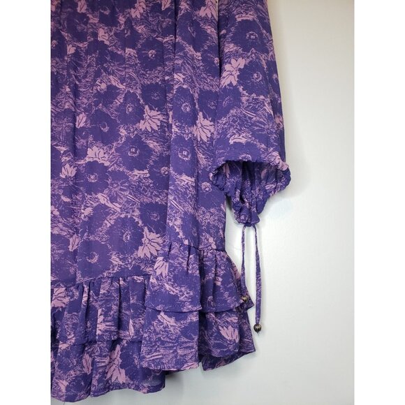 Free People Women Sz S Dress Long Sleeve Floral Pink Purple Short Ruffle Pleated - Picture 3 of 8